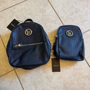 London Fog NWT Bundle of 2 Navy Woven Bowery Mini Backpack & Broadway Sling Bag